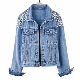 women Pearl Beading Short Denim Jackets Turn-down Collar Jean Jacket for Women Loose Casual Lg Sleeve Vintage Jean Coat Female I5o5#