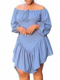 lw Plus Size Women Elegant Off The Shoulder Bateau Neck Drawstring Ruffle Zipper Design Waist Skirt Party Club Knee Length Dr O5jD#