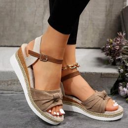 Sandals Women Lightweight Colorblock Knot Decor Espadrille Vacation Faux Suede Ankle Strap Wedge For Summer