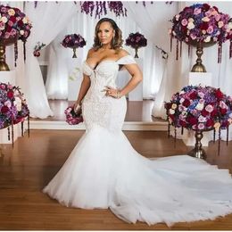 HOT African Mermaid Wedding Dress Bridal Gowns Plus Size Off The Shoulder Lace Appliqued Beaded Vestido De Noiva Lady Marriage Dresses