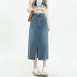Skirts Mid-length Women's Half Skirt Korean Retro Denim Summer 2024 High Waist Slim Split A-line Hip Package