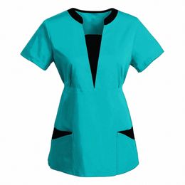 korean Versi SPA Uniforms Women Beauty Sal Scrubs Tops Slim Fit Healthcare Tunic Short Sleeve Patchwork Blouses Wholesale B1fA#