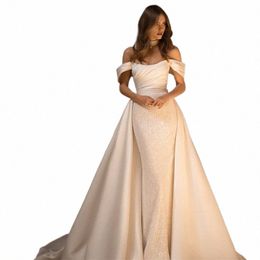 lorie Glitter Satin Off Shoulder Wedding Dres Two-piece Detachable Train Bridal Gowns Lace Up Backl Princ Bride Gown N6KQ#