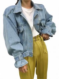 syiwidii Denim Jacket for Women Loose Single Breasted Turn Down Collar Puff Sleeve Jean Jacket Vintage Korean Fi Crop Coat f3My#