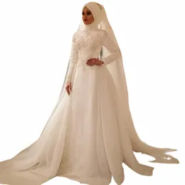 ivory Arabic Muslim Hijab Wedding Dres High Neck Lg Sleeves Lace A-line Bridal Gowns with Veils Robe De Mariage a0xJ#