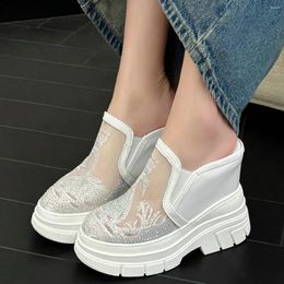 Sandals 2024 Wedges Rhinestones Mules Shoes Women Mesh Super High Heels Gladiator Female Round Toe Platform Pumps Casual