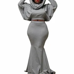 plus Size Daily Skirt Set Grey Solid Hoodie Batwing Sleeve Mermaid Two Piece Skirt Set 62iL#