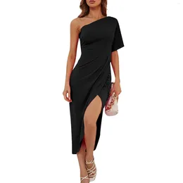 Casual Dresses Women's Summer Solid Colour One Shoulder Sexy Irregular Elegant And Glamorous 2024 High Quality