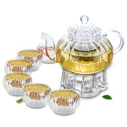 Teaware Sets Clear Glass Flower Tea Pot & Mini Pumpkin Gongfu Mugs Warmer Set