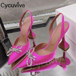 Dress Shoes Satin High Heel Pumps Women Crystal Bowknot Designer Elegant Point Toe Office Career Sandals Size43