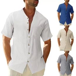 Men's Casual Shirts Loose Linen Cardigan Solid Colour Fashion Stand-up Collar Temperament Short Sleeve Shirt Men Clothing