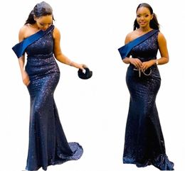 sparkly Navy Blue Mermaid Evening Dres One Shoulder Sweep Train Sequined Women Formal Prom Party Gowns Special Ocn Gown W48s#