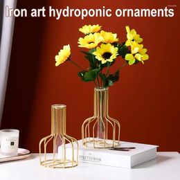 Vases Iron Art Hydroponic Glass Vase Desktop Ornament Geometric Line Frame Living Room Flower Arrangement For Home Office Decorat S9X5