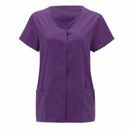 solid Healthcare Nurse Uniforms Women Pocket Scrub Tops Short Sleeve V Neck Blouse Spa Sal Overalls Medical Vet Carer Tunic n5dW#