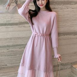 Casual Dresses Knitted Patchwork Sweater Dress Long Sleeve Half High Collar Midi Length Women Clothing Autumn 2024