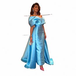 light Blue Satin Off the Shoulder Evening Dres Pleats V Neck Floor Length Dubai Banquet Gowns Formal Saudi Arabic Prom Gown 9409#