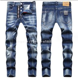 D Two Men's Jeans Spring 2024 Worn Out Torn Hole Men's Jeans Zip Decor Slim Fit Small Feet Fashion Mid-Rise Pants Men Second Square Red