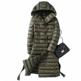 2022 Frauen Ultraleichte weiße Ente Daunenjacke Herbst Winter LG Daunenparkas Weibliche warme Kapuzenpuffermantel Oberbekleidung mit Gürtel x8VA #