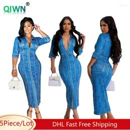 Casual Dresses 5Pcs Bulk Wholesale Denim Maxi Dress Women Single Breasted Turndown Collar Long Sleeve Sexy Bodycon Jean Skirts 10809