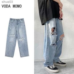 Men's Jeans Mens jeans wide leg straight jeans 3XL hole tear street outfit fully matched with denim mens loose fitting casual fashion Harajuku new styleL2403