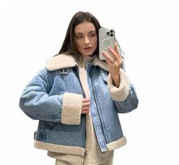 lapel Lambs Wool Denim Women Cropped Jacket Casual Thicken Lg Sleeve Zipper Coat Autumn 2023 Fi Vintage Fleece Lady Top S720#