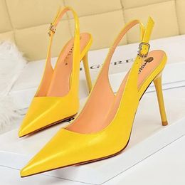 Women 95cm High Heels Silver Sandals Lady Glossy Leather Yellow Pink Slingback Sandle Stiletto Wedding Bridal Mules Shoes 240318