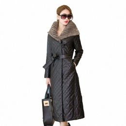 5xl High quality Winter Women Sheep Leather Down Jacket Big fox fur collar Hooded Coat Female Plus size Thicken Warm Lg Coats Q3ay#