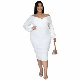 cm.yaya Autumn Winter Plus Size Women Off Shoulder Lg Sleeve Plunging V-neck Bodyc Midi Dr Elegant Sexy Party Dres R1FU#