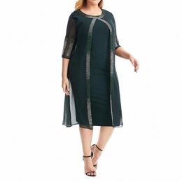 o-neck Half Sleeve Hot Drilling Decor Plus Size Women Dr Chiff Cardigan Fake Two Pieces Oversized Gown Dr Streetwear v6eR#