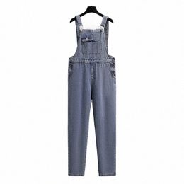 150kg Plus Size Women's Spring Autumn Denim Overalls Loose One Piece Wide Leg Straight Pants Blue Hip 154cm 5XL 6XL 7XL 8XL 9XL r2s9#