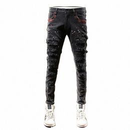 embroidered new style black hole patch print embellishment pattern handsome jeans man Ripped jeans O4Gk#