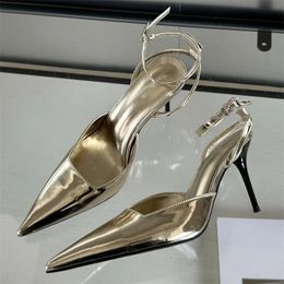 Eilyken Gold Silver Ankle Buckle Strap Women Pumps Sexy Pointed Toe Thin High Heels Slingback Dress Designer Mules Shoes 240329