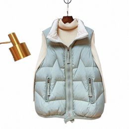 lagabogy 2023 New Winter Women Sleevel Coat White Duck Down Vest Casual Warm Short Puffer Waistcoat Female Windproof Gilet V6Ns#