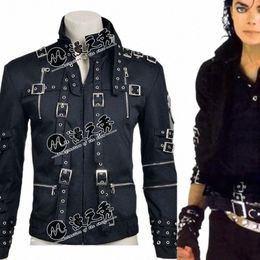 rare MJ Michael Jacks Punk Rock Style BAD Tour Black Cott & Leather Rivet Slim Zipper Jacket Outwear u8JS#