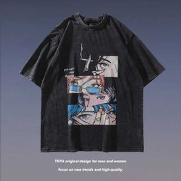 Tkpa High Street Used Wash Funny Cartoon Printed Short Sleeve T-shirts for Men and Women Ins China-chic Brand OversizeD45Y