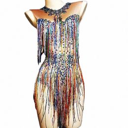 sparkling Coloured Rhinestes Fringes Women Bodysuits Nightclub Pile Dancing Costumes Singer Dancer Performance Stage Wear o0B4#
