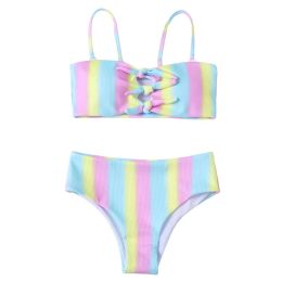 Suits Rainbow Print Girls Kids Swimsuit Swimwear New Summer Kid Bandage Bikinis 2023 Children Baby Bandage Biquini Infantil Beachwear