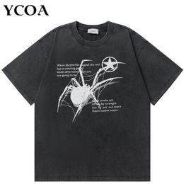 Men T-Shirt Streetwear Hip Hop Oversized Y2k Washed Black Spider Graphic Harajuku Gothic Vintage Cotton Tops Tees Loose Clothes 240313