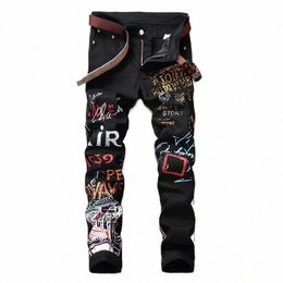 streetwear Hip Hop Graffiti Printed Jeans Casual Men's Stretch Straight Cowboys Trousers Autumn Male Slim Fit Cott Denim Pants M4Ak#