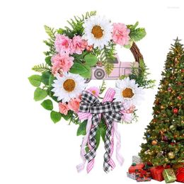 Decorative Flowers Christmas Door Wreath Artificial Plaid Garland With Car Bows Pink Flower Winter Farmhouse