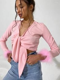 Women's T Shirts Short White T-shirt Sweet And Spicy V-neck Crop Long Sleeve Cardigan Top Cuff Splicing Hairy Tie Knot