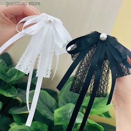 Bow Ties New Women Girls Black Lace Ribbon Bow Tie Faux Pearl Pendant Brooch Pin Necklace Uniforms Shirts Streamers Collar Flowers Y240329