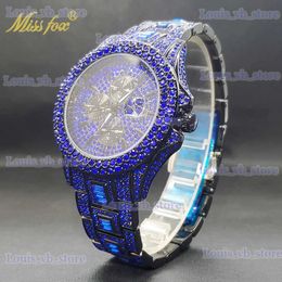 Other Watches Blue Iced Out es For Men Special Trendy Luxury Diamond Quartz For Male Hip Hop Gothic Street Style Clock Dropshipping T240329