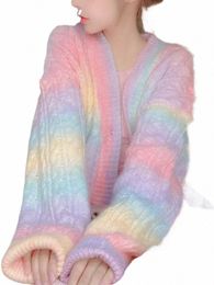 rainbow Knitted Cardigan Women Autumn winter Sweet Kawaii Sweater Coat Female Lg Korean Butt Down Cardigan Fall 2023 Women Y3at#