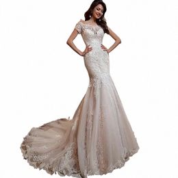 luxury Mermaid Wedding Dr 2024 Short Sleeves Lace Appliques Elegant Boat Neck Bride Gown Illusi Backl Butt Train P1FR#