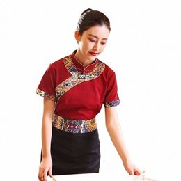 summer Waiter Uniform Waitr Ethnic Style Printing Pattern Restaurant Hotel Breathable Comfortable High Quality Chinese Suits i7A4#