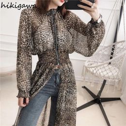 Women's Blouses 2024 Blusas Mujer De Mdoa Chic For Women Slim Waist Chiffon Leopard Shirts Long Sleeve Zipper See Throught Blouse Tops