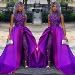 2020 Lace Appliqued Bead Evening Gowns Luxury African Party Women Pant Suits Classic Jumpsuits Prom Dresses With Detachable Train 291L