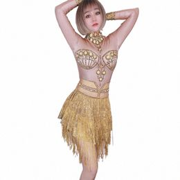 new Fake Gold Full Rhinestes Fringe Dr Sexy Lg Sleeves Mini Dr Women Pole Dance Dr Festival Outfit Gogo Costume Q1AE#