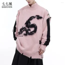 Men's Sweaters High Street Men Hollow Belt Buckle Design Knitted Pullover Oversized Sweater Spring O-neck Jumpers Unisex Streetwear